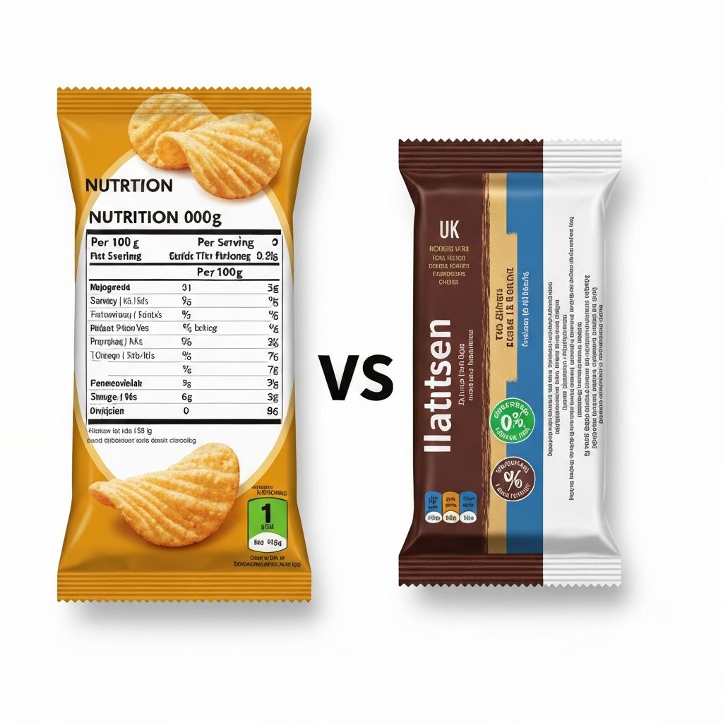 Two UK food products showing per 100g and per portion nutrition values